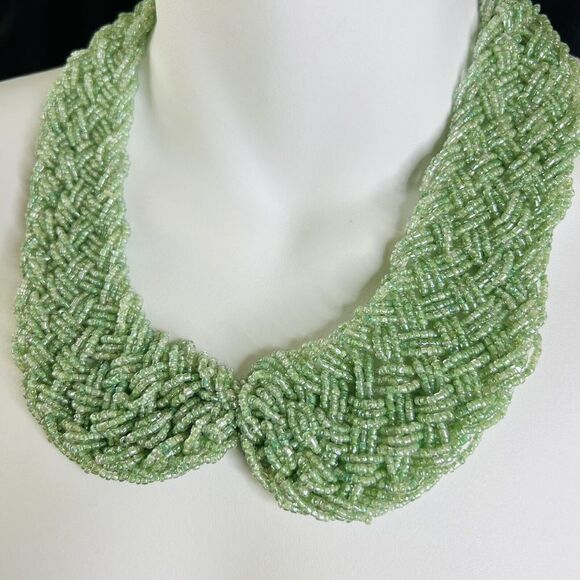 Vintage Mint Green Braided Beaded Collar Necklace Sead Beads Woven BEUTIFUL 1367 - Picture 3 of 8